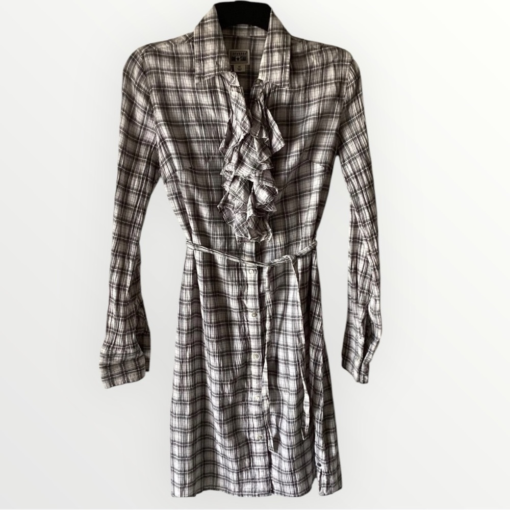 90s Y2K Converse One Star Black & White Plaid Ruffle Button Down Shirt Dress